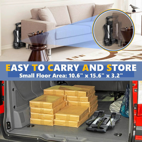 Small Folding Hand Truck Dolly with 2 Wheels stored by a couch, showing its compact size, and in a vehicle with boxes, Lightweight Aluminum Collapsible Trolly for Moving Airport Travel Use.