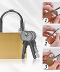 2 Pack Small Keyed Padlocks 32mm Locker Locks In Gold with keys, showing steps to use, compact hardened alloy for luggage and gym lockers.