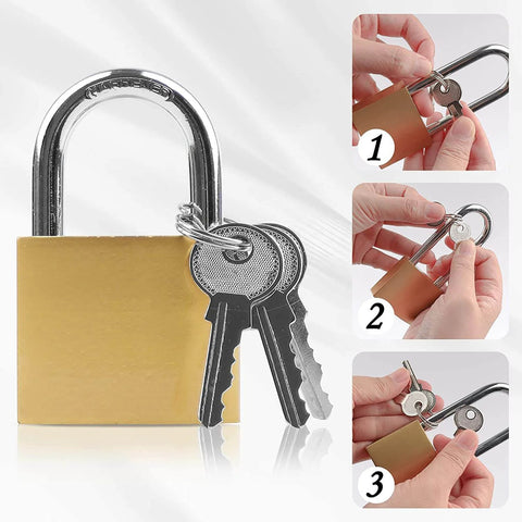2 Pack Small Keyed Padlocks 32mm Locker Locks In Gold with keys, showing steps to use, compact hardened alloy for luggage and gym lockers.