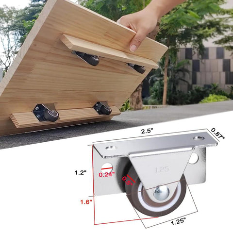 Small Low Profile 1-1/4 Inch Casters Wheels Set Of 4 For Light Duty Furniture And DIY Projects, installed on wood panel.