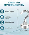 Graphic showing a small neodymium magnet with dimensions, 3 layers coating, and 30 lbs hold capacity for versatile uses.