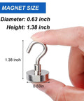 Small silver hook magnet held by hand showing size dimensions labeled 0.63 inch diameter, 1.38 inch height