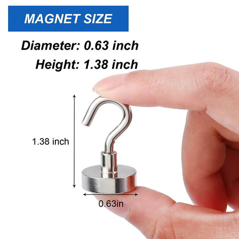Small silver hook magnet held by hand showing size dimensions labeled 0.63 inch diameter, 1.38 inch height