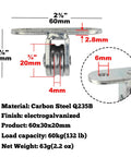 Detailed dimensions and specifications of the 8 Pcs 3/4" Small Pulley Block, Single Bearing Silent for 1/8" Cord, Max Load 132 lb.