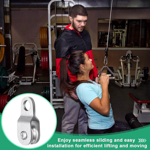Gym trainer assisting woman with cable machine, inset shows 20 Pcs Small Single Pulley Block Wheel Bearing Inside Cable Rollers.