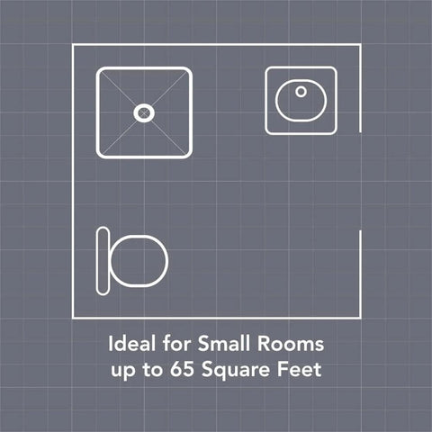 Diagram of room layout demonstrating Versatile Through The Wall Ventilation Fan For Kitchen Garage Laundry Or Rec Room With 6 Inch In Wall Installation And Built In Exterior Vent Cap No Ducting Needed, 70 CFM And Quiet 6.0 Sones In White Cover By Broan NuTone usage in spaces up to 65 sq ft.