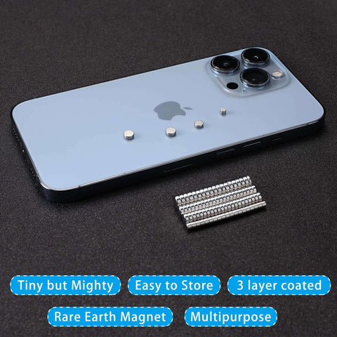 400 Piece Small Magnets In Four Sizes 6x2mm 5x2mm 4x2mm 3x2mm Ideal For Fridge Office Diy Crafts And Classroom Demos shown with phone