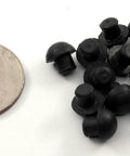 Small Rubber Push In Mushroom Bumper Fits Three Sixteenth Inch Opening And Eleven Thirty Second Inch Diameter With Five Thirty Second Inch Height 100 Pack next to a coin for scale