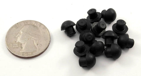 Small Rubber Push In Mushroom Bumper Fits Three Sixteenth Inch Opening And Eleven Thirty Second Inch Diameter With Five Thirty Second Inch Height 100 Pack next to a coin for scale