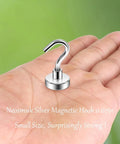 Hand holding Neosmuk silver magnetic hook, 0.67 inches, compact and strong, against a green background.