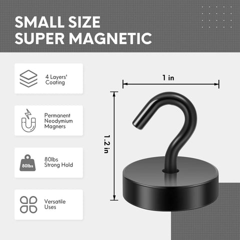 Small size super magnetic hook with 80 lbs hold, 1 inch diameter, features 4 layers coating, neodymium magnets, versatile use