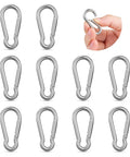 10 Pack Stainless Steel Carabiners Clips 1.57 Inch Small Spring Snap Hooks for keys and gear, shown in use and detailed view.