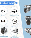 8Pcs 1/2 Inch Small Caster Wheels 360 Degree Swivel Casters details including noise-free and easy installation features.