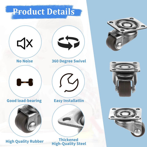 8Pcs 1/2 Inch Small Caster Wheels 360 Degree Swivel Casters details including noise-free and easy installation features.