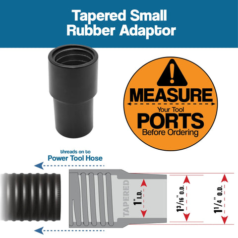 Keep your workshop clean and dust-free with this 10 Foot Dust Collection Hose Kit, showing a small tapered rubber adaptor and size diagram.