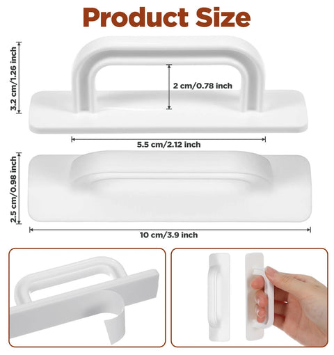 4 Pack Small White Plastic Handles 3.9 Inch Self Adhesive No Drill Installation product dimensions and side views