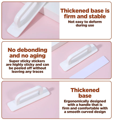 Collage showing 4 Pack Small White Plastic Handles 3.9 Inch Self Adhesive No Drill Installation; features stability, durability, and adhesive strength