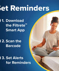 Woman using smartphone app on couch with instructions to download Filtrete Smart App, scan barcode, and set reminders.