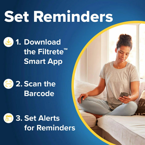 Woman using smartphone app on couch with instructions to download Filtrete Smart App, scan barcode, and set reminders.