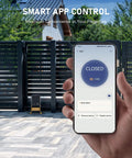 Hand holding phone with app controlling APP Smart Automatic Sliding Gate Opener Kit with 280W Motor for Driveway and Garden Gates up to 1400lb and 40ft