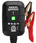 Front view of NOCO GENIUS1 with clamps, Smart Battery Charger And Maintainer For 6V And 12V Lead-Acid And Lithium Batteries With 1 Amp Output