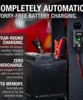 Smart Battery Charger And Maintainer For 6V And 12V Lead-Acid And Lithium Batteries With 1 Amp Output, connected to car battery