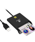 CAC Card Reader Military, Smart Card Reader DOD Military USB Common Access CAC shown with inserted card, compatible with Windows, Mac OS, and Linux.