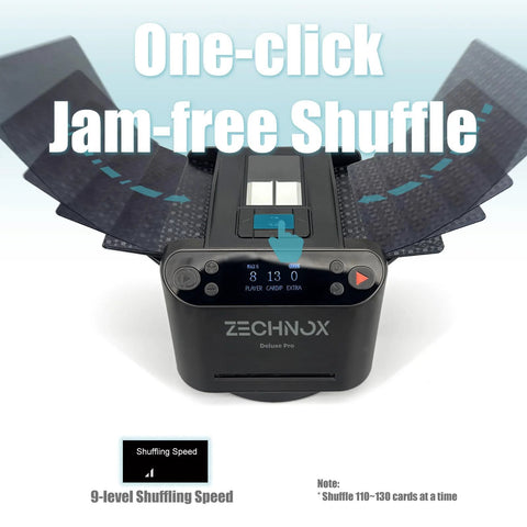 Smart 2-In-1 Card Shuffler And Dealer For Up To 12 Players, programmable robotic shuffler, jet black design, displaying digital screen