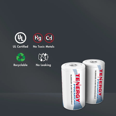 Smart Universal Charger With LCD And 32 NiMH Rechargeable AA AAA C D Batteries showing UL certification, eco-friendly icons.