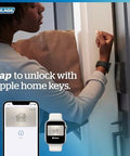 Person using Smart WiFi Front Door Deadbolt With Built In WiFi App Control And Keyless Entry Unlock From Anywhere Through The Connected App Apple Watch Unlock Capability With HomeKit And Alexa Compatible Matte Black Finish Easy Install For Enhanced Security And with Apple Watch