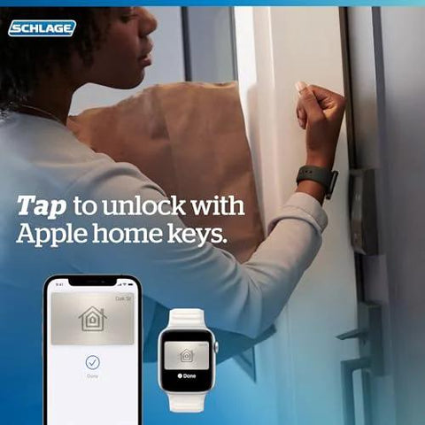 Person using Smart WiFi Front Door Deadbolt With Built In WiFi App Control And Keyless Entry Unlock From Anywhere Through The Connected App Apple Watch Unlock Capability With HomeKit And Alexa Compatible Matte Black Finish Easy Install For Enhanced Security And with Apple Watch