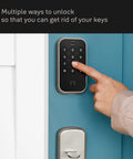 Person using Assure Lock 2 Deadbolt With WiFi Keypad For Smart Home Entry Code Entry And Remote Access Keyless Entry Via Keypad And App Auto Lock And DoorSense Fits Doors By Replacing A Standard Deadbolt Easy Installation For Remote Access And WiFi Connectivity on blue door