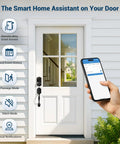Smart Front Door Lock with app control and keyless entry installed on white door with a phone showing app interface, secure access.