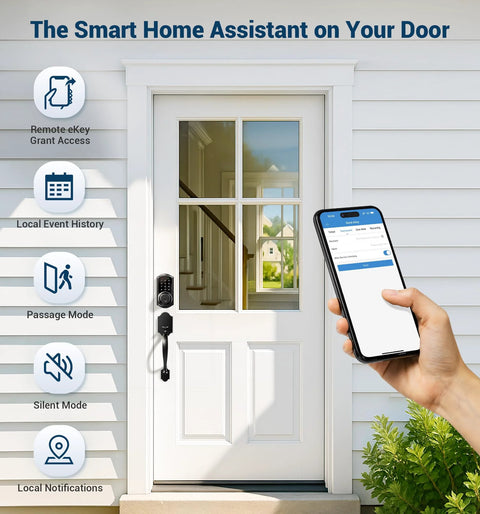 Smart Front Door Lock with app control and keyless entry installed on white door with a phone showing app interface, secure access.
