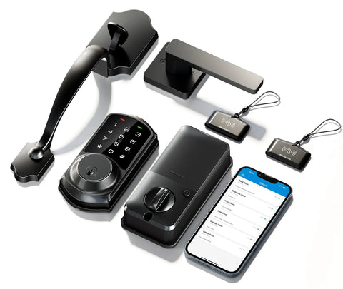 Smart Front Door Lock with app control and keyless entry, showing components including lever handle, keypad, and smartphone app.