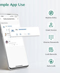 Image of a smartphone displaying an app interface for managing a keypad smart door lock with keyless entry and lock records features.