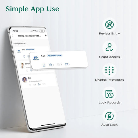 Image of a smartphone displaying an app interface for managing a keypad smart door lock with keyless entry and lock records features.