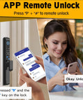 Sliding Glass Door Lock With Five Unlock Methods Including Fingerprint Passcode RFID Card Bluetooth App And Backup Key for remote unlock, shown with app control.