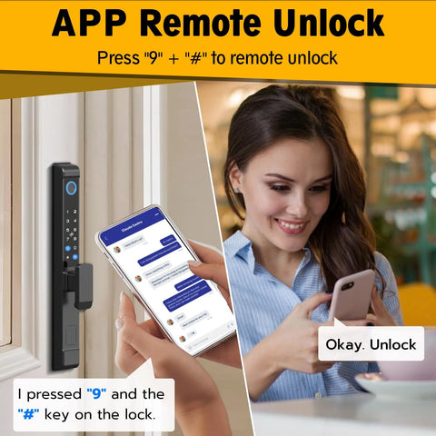 Sliding Glass Door Lock With Five Unlock Methods Including Fingerprint Passcode RFID Card Bluetooth App And Backup Key for remote unlock, shown with app control.