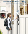 Smart Front Door Lock with app control and keyless entry installed on door, child operating touchscreen keypad with lever handle.