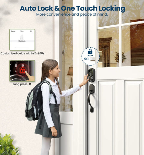 Smart Front Door Lock with app control and keyless entry installed on door, child operating touchscreen keypad with lever handle.