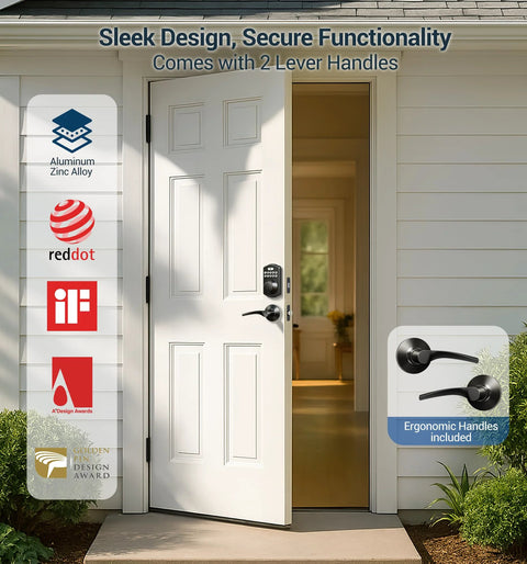 White exterior door with installed smart fingerprint door lock with keypad and dual lever handles, open to a bright interior.