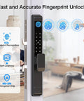 Six In One Smart Lock For Sliding Glass Doors With Fingerprint Passcode WiFi App RFID Card Physical Key And Time Limited One Time Code Supports Up To 300 Users Mortise Lock Set With Handle For Patio Doors shown with fingerprint scanning.