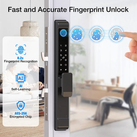 Six In One Smart Lock For Sliding Glass Doors With Fingerprint Passcode WiFi App RFID Card Physical Key And Time Limited One Time Code Supports Up To 300 Users Mortise Lock Set With Handle For Patio Doors shown with fingerprint scanning.
