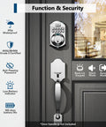 Experience secure keyless entry with a fingerprint sensor and PIN keypad, featuring auto lock, two backup keys, and quick installation on standard front doors for homes, apartments, and offices, delivering convenient, reliable access. Image of smart fingerprint door lock with features list.