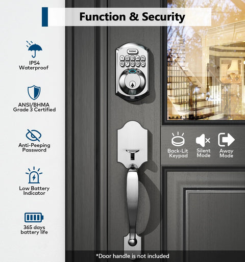 Experience secure keyless entry with a fingerprint sensor and PIN keypad, featuring auto lock, two backup keys, and quick installation on standard front doors for homes, apartments, and offices, delivering convenient, reliable access. Image of smart fingerprint door lock with features list.