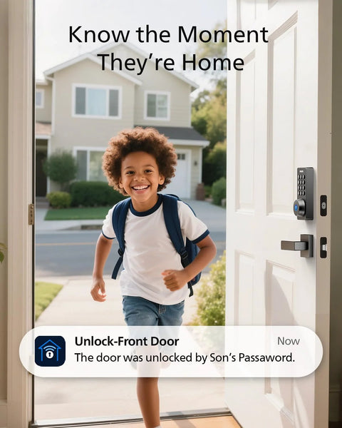 WiFi Smart Door Lock Deadbolt For Front Door Keyless Entry With Built In WiFi Remote Access App Unlock Fingerprint And Passcode Works With Alexa And Google Assistant Auto Lock Security installed on door as child enters home