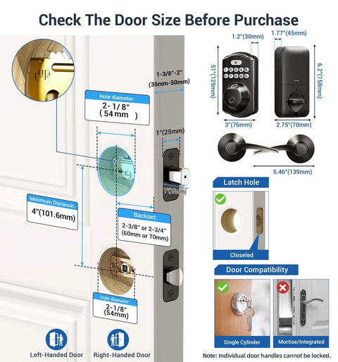 Smart fingerprint door lock with keypad and dual lever handles offers 0.3 second fingerprint unlock, installed on a door.