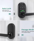 Experience seamless keyless entry with a smart door lock featuring fingerprint recognition, keypad access, app control, fob.
