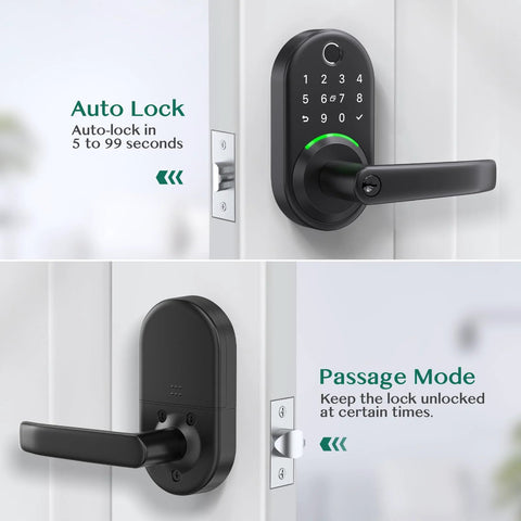 Experience seamless keyless entry with a smart door lock featuring fingerprint recognition, keypad access, app control, fob.